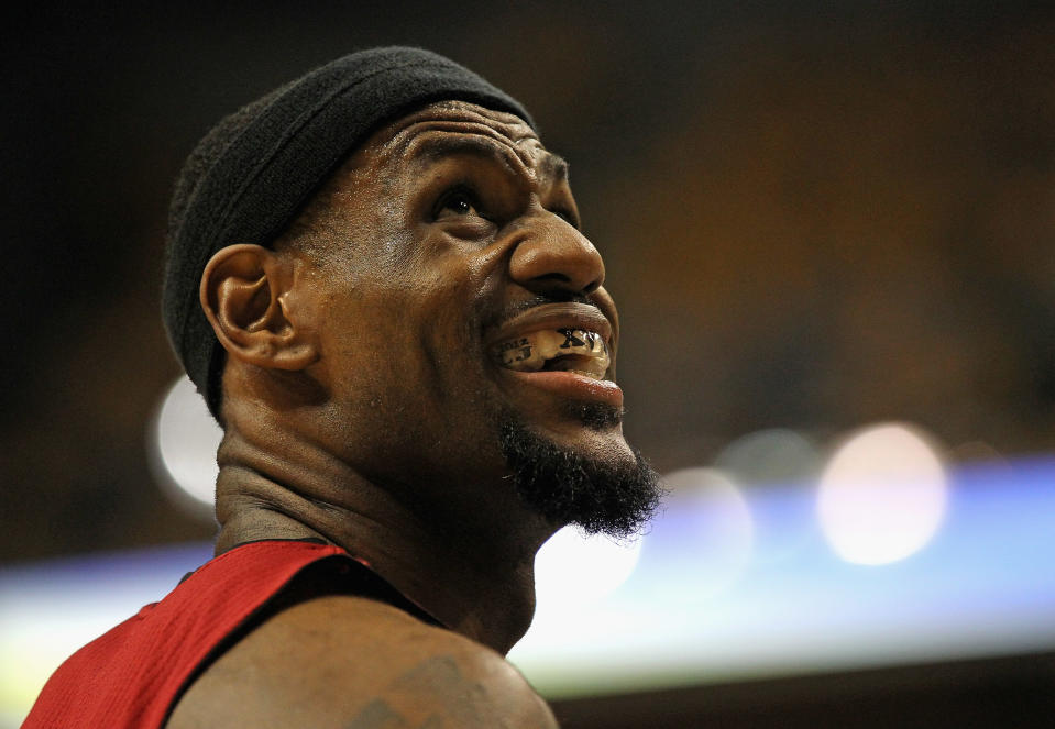 INDIANAPOLIS, IN - MAY 17: LeBron James #6 of the Miami Heat looks up at the scoreboard as the Heat take on the Indiana Pacers in Game Three of the Eastern Conference Semifinals in the 2012 NBA Playoffs at Bankers Life Fieldhouse on May 17, 2012 in Indianapolis, Indiana. The Pacers defeated the Heat 94-75. NOTE TO USER: User expressly acknowledges and agrees that, by downloading and/or using this photograph, User is consenting to the terms and conditions of the Getty Images License Agreement. (Photo by Jonathan Daniel/Getty Images)