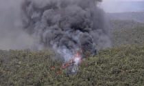 In this image made from video, huge plumes of smoke billow from trees on fire in Gospers Mountain, New South Wales, Australia, Friday, Nov. 15, 2019. At least 50 homes were damaged or destroyed in New South Wales on Tuesday by wildfires that had burnt into the suburbs of Sydney, Australia’s largest city.(Australia Pool via AP)