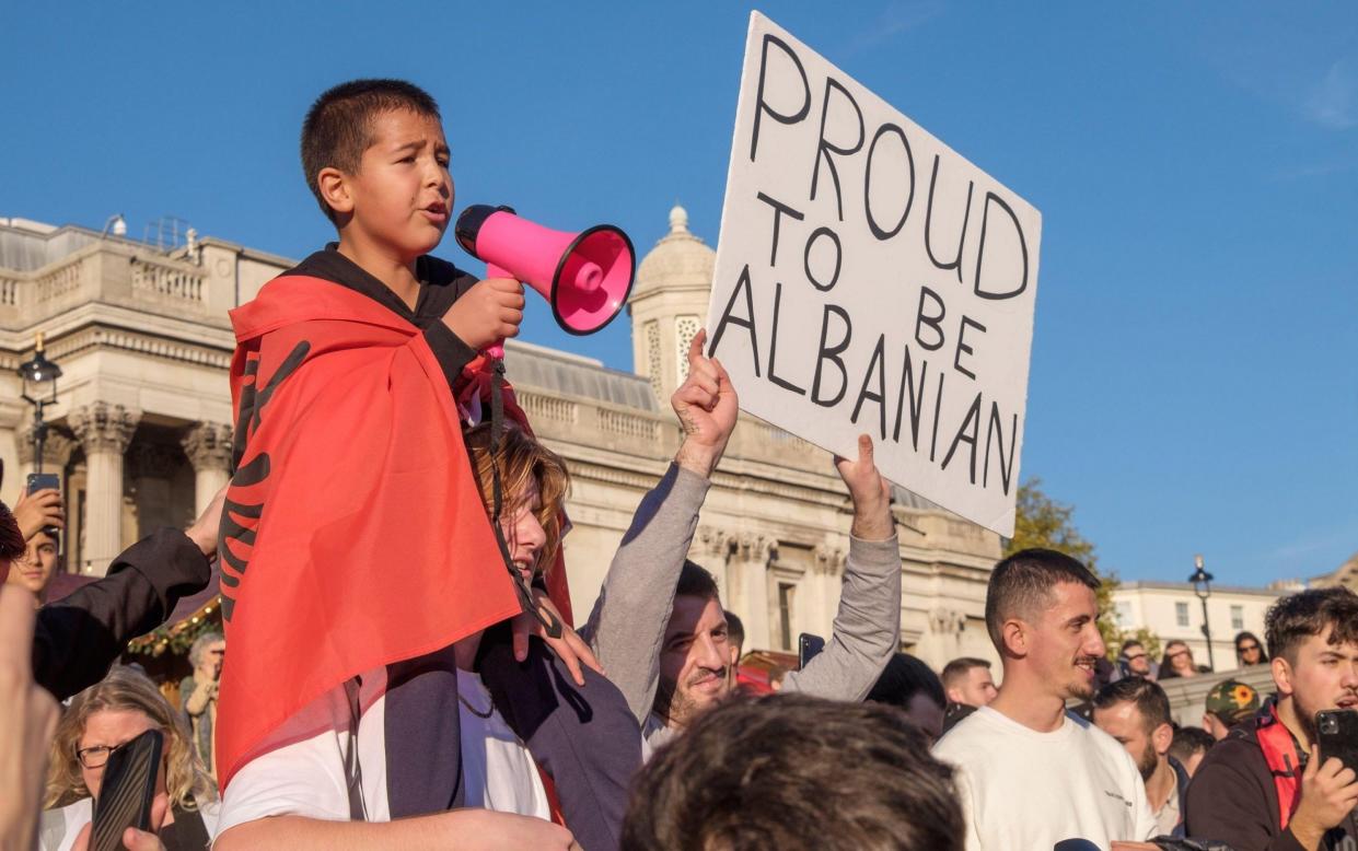 A protest by Albanians in London demanding Suella Braverman, the Home Secretary, resigns for calling migrants invaders - Peter Marshall / Alamy Live News