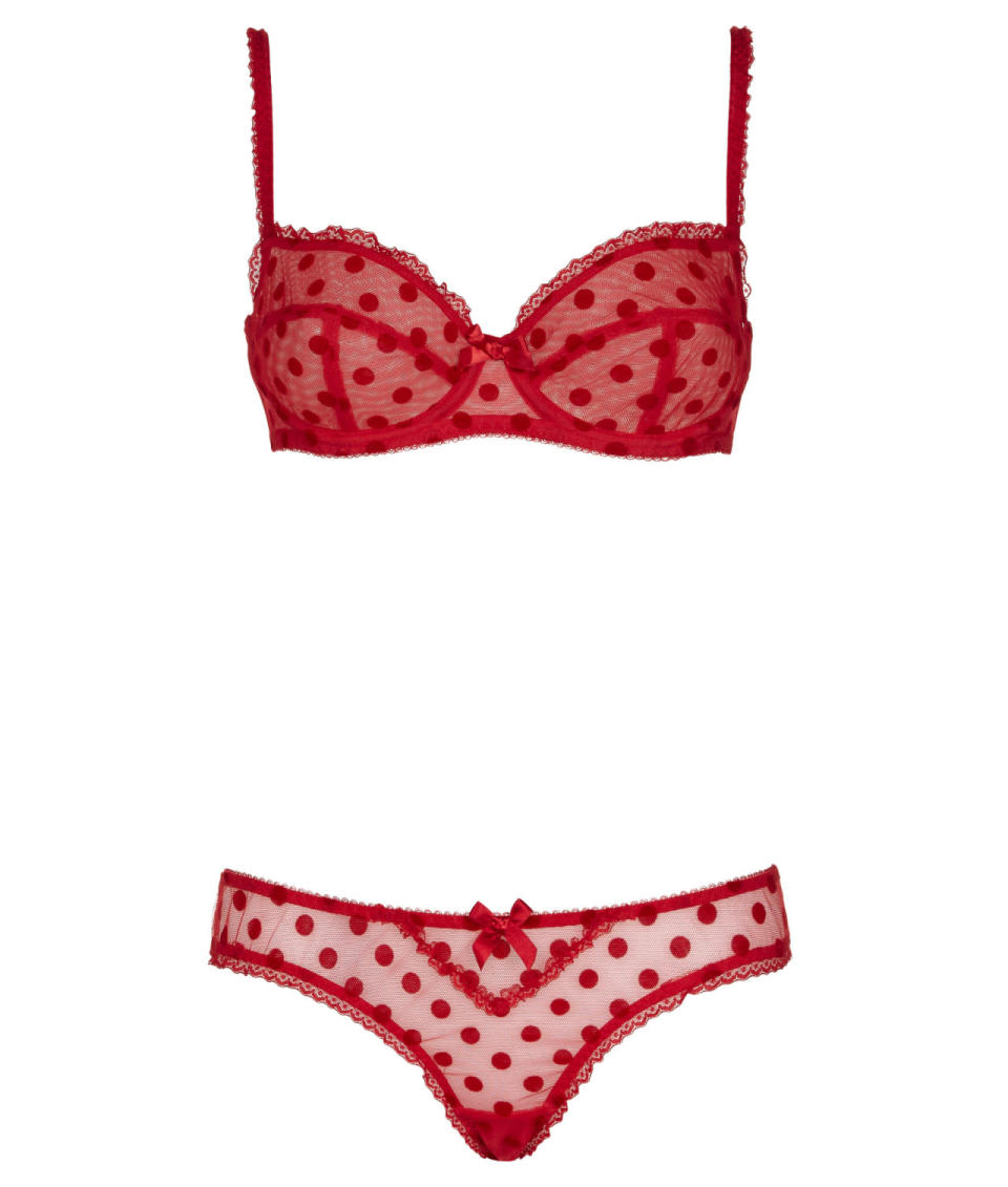 <p>It wouldn’t be the holidays without something a little bit naughty. <a href="http://www.lagentbyap.com/us/rosalyn-mini-brief-red-10" rel="nofollow noopener" target="_blank" data-ylk="slk:L’Agent by Agent Provocateur Rosalyn Brief;elm:context_link;itc:0;sec:content-canvas" class="link ">L’Agent by Agent Provocateur Rosalyn Brief</a> ($44) and <a href="http://www.lagentbyap.com/us/rosalyn-non-pad-balcony-bra-red-10" rel="nofollow noopener" target="_blank" data-ylk="slk:Rosalyn Bra;elm:context_link;itc:0;sec:content-canvas" class="link ">Rosalyn Bra</a> ($74)<br><br></p>