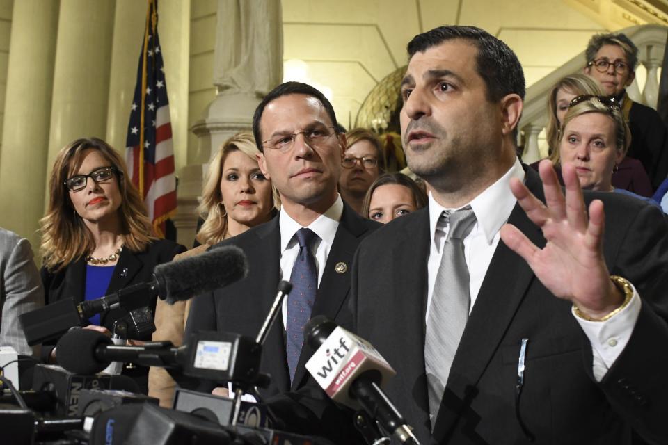 State Rep. Mark Rozzi (D) speaks at an Oct. 17, 2018, news conference in Harrisburg, Pennsylvania, after the stalling of legislation that was meant to respond to a grand jury report on child sexual abuse by Catholic priests. (Photo: Marc Levy/ASSOCIATED PRESS)