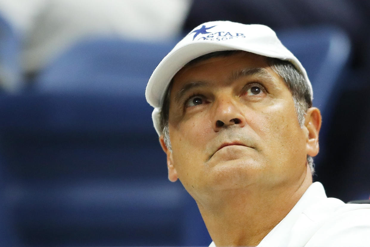 NEW YORK, NY - AUGUST 29: Toni Nadal watches Rafael Nadal of Spain against Dusan Lajovic of Serbia & Montenegro during their first round Men's Singles match on Day Two of the 2017 US Open at the USTA Billie Jean King National Tennis Center on August 29, 2017 in the Flushing neighborhood of the Queens borough of New York City.  (Photo by Richard Heathcote/Getty Images)