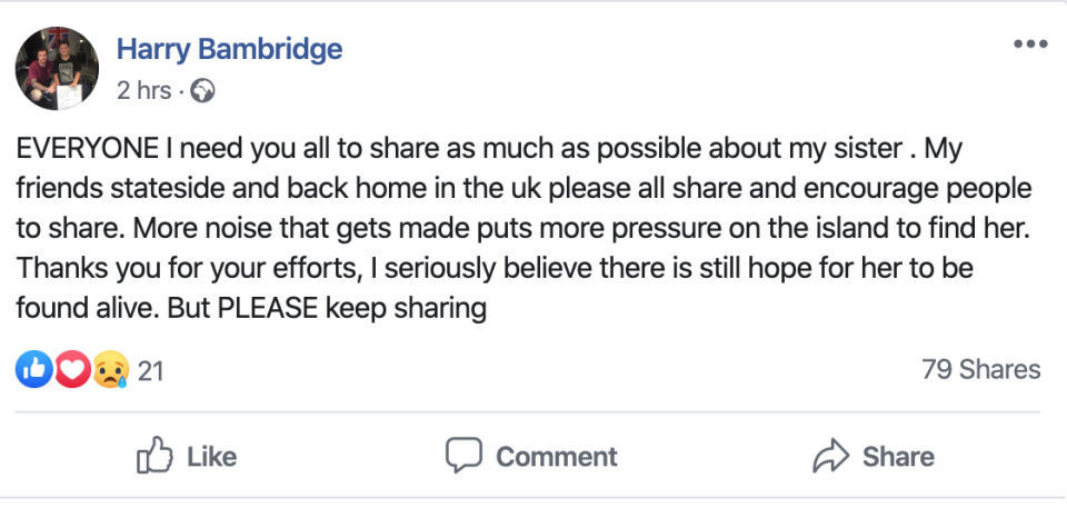 Harry Bambridge encouraged people to keep sharing stories about his sister's disappearance (Picture: Facebook)
