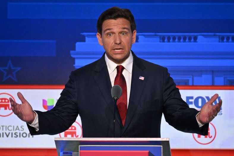 Florida Governor Ron DeSantis speaks during the second Republican presidential primary debate on Sept. 27, 2023, at the Ronald Reagan Presidential Library in Simi Valley, California. (Photo by Robyn Beck/AFP via Getty Images)