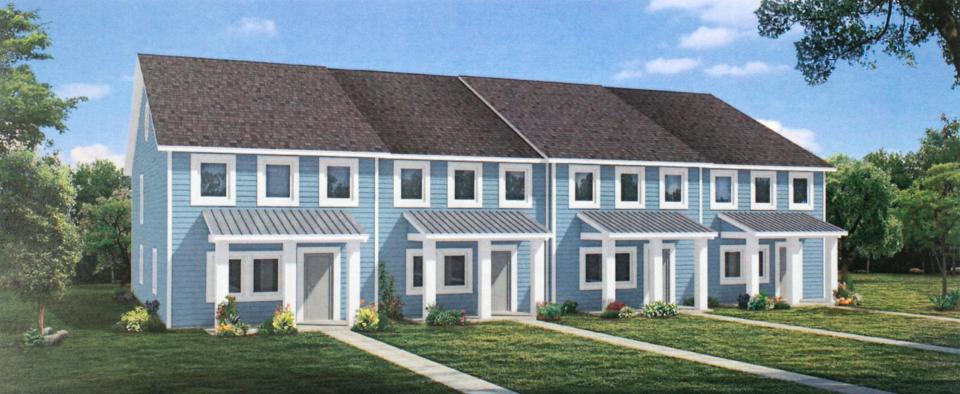 An architectural rendering shows one of several types of apartments proposed as part of a more than 500-unit residential development near Mason and Burkhart roads in Howell Township.