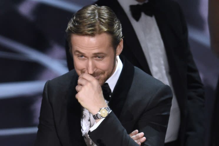 Chuckles… Gosling explains Oscar smirking – Credit: AP