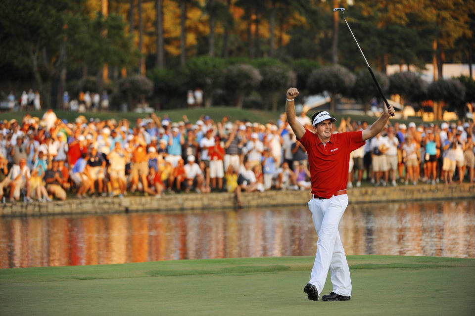 Keegan Bradley celebrates winning the 2011 PGA Championship