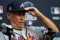 Atlanta Braves manager Brian Snitker speaks during a news conference Monday, Oct. 25, 2021, in Houston, in preparation for Game 1 of baseball's World Series tomorrow between the Houston Astros and the Atlanta Braves. (AP Photo/David J. Phillip)