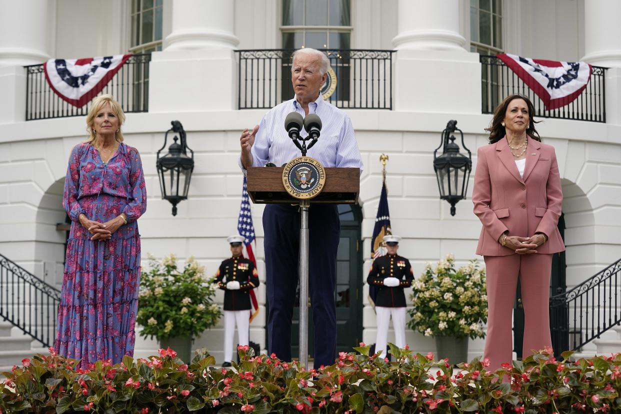 President Joe Biden speaks alongside First Lady Jill Biden and Vice President Kamala Harris at the White House Congressional Picnic on the South Lawn of the White House on Tuesday, July 12, 2022, in Washington, DC.