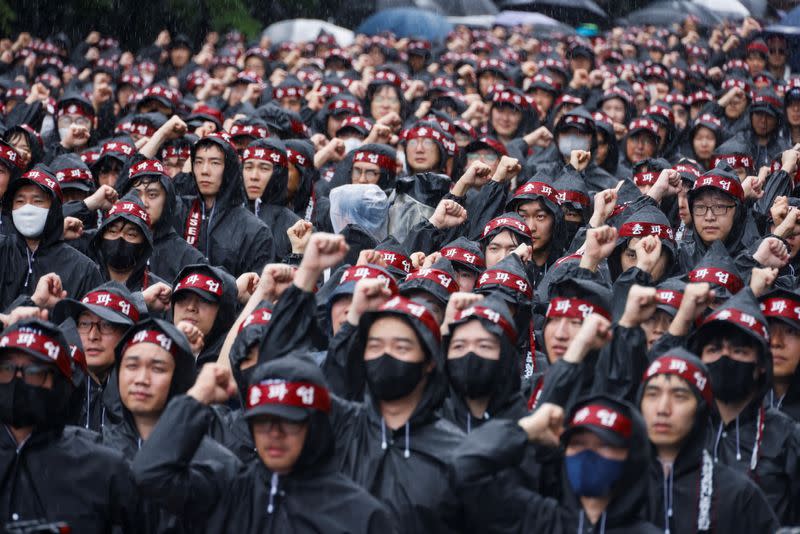 Samsung Electronics Union workers begin a three-day strike, in Hwaseong