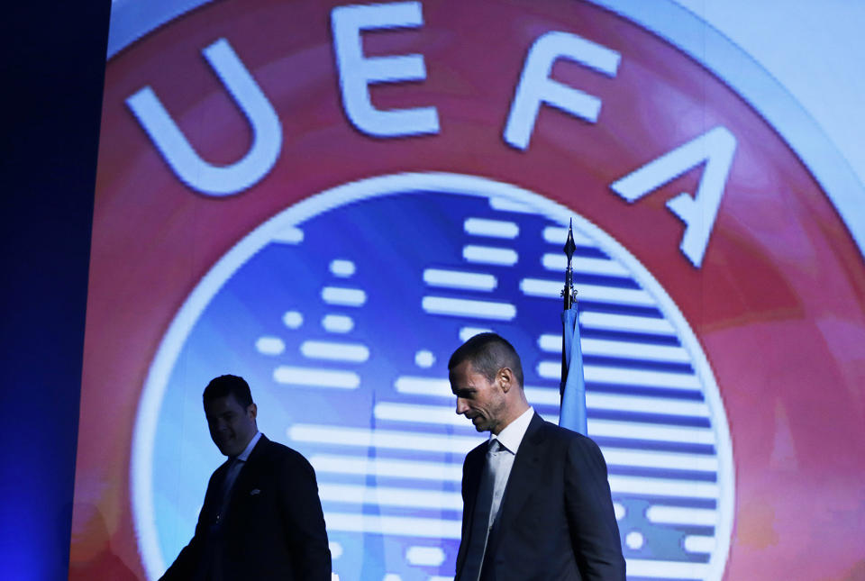 UEFA President-elect Aleksander Ceferin leaves the podium