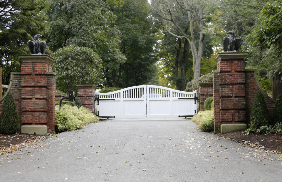 FILE - This Tuesday, Oct. 23, 2018 file photo shows the entrance to a house owned by George Soros in Katonah, N.Y. An object that appeared to be an explosive device was found in a mailbox at the compound belonging to the billionaire philanthropist who is a frequent target of right-wing conspiracy theories. (AP Photo/Seth Wenig)
