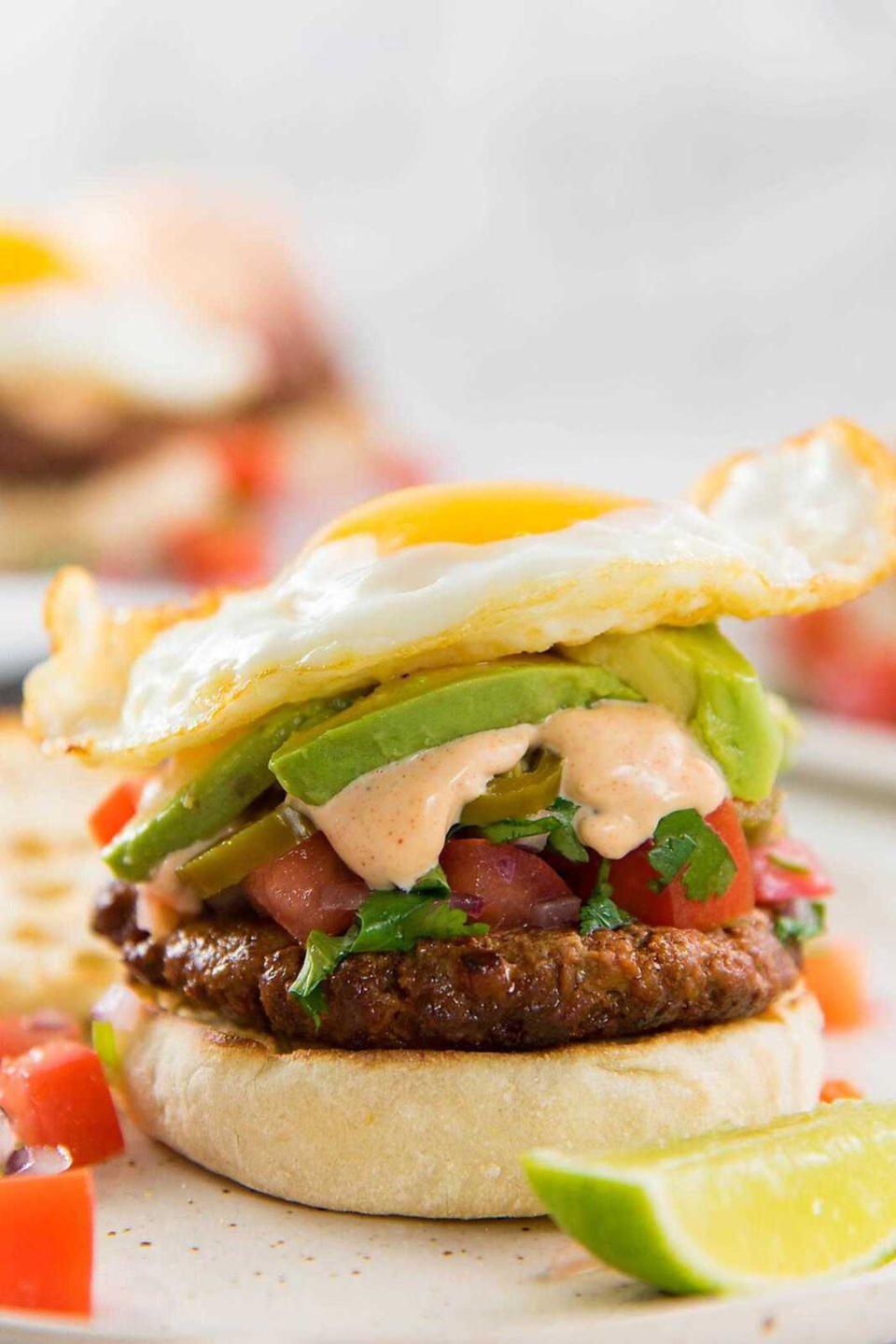 breakfast in bed breakfast chorizo burgers with fried egg avocado slices chipotle mayonnaise