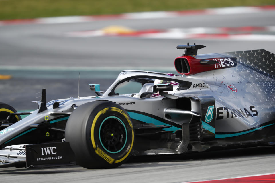 Mercedes driver Lewis Hamilton of Britain steers his car during the Formula One pre-season testing session at the Barcelona Catalunya racetrack in Montmelo, outside Barcelona, Spain, Friday, Feb. 28, 2020. (AP Photo/Joan Monfort)