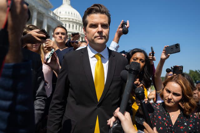 <p>SAUL LOEB/AFP via Getty</p> Florida Rep. Matt Gaetz speaks to media on Oct. 2, 2023, about filing a motion to vacate against House Speaker Kevin McCarthy