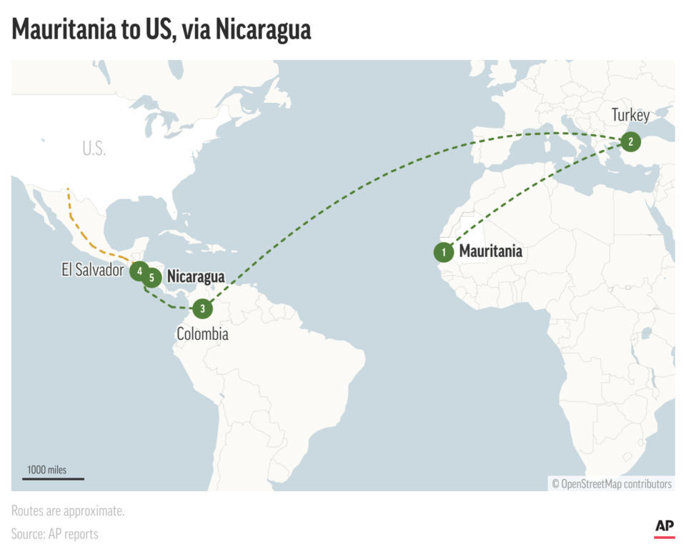 Migrants from Mauritania are finding a new way to get to U.S. borders: through Nicaragua. (AP Graphic)
