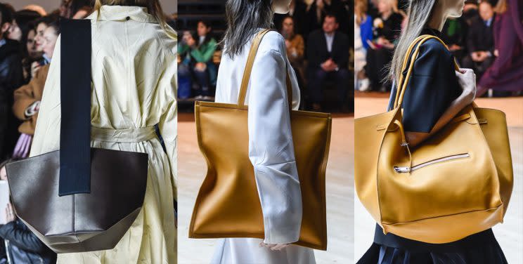 A close-up of the large tote leather tote bags the Céline Fall/Winter 2017 show in Paris, France. (Photo: Getty)