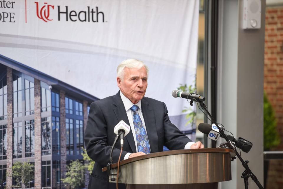 William (P. Butler, chairman of Covington-based developerment firm Corporex and Lindner Center of Hope board member, speaks at a capital raising event for the Mason-based center at the Lytle Park Hotel rooftop on Wednesday, May, 5, 2022.