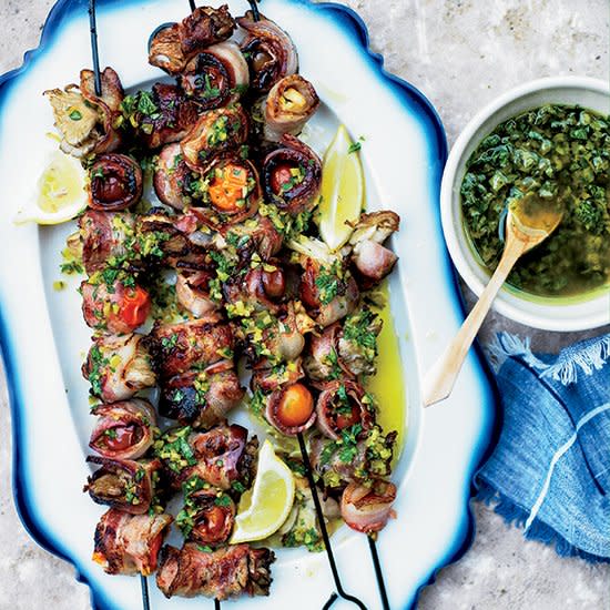Bacon-Wrapped Vegetable Skewers with Dill Pickle Relish