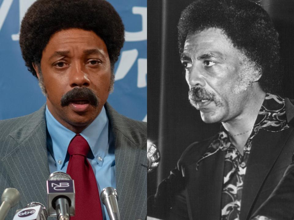 Dorian Missick, left, as Ron Dellums in the Netflix film "Shirley." The real Dellums, right, in July 1974.