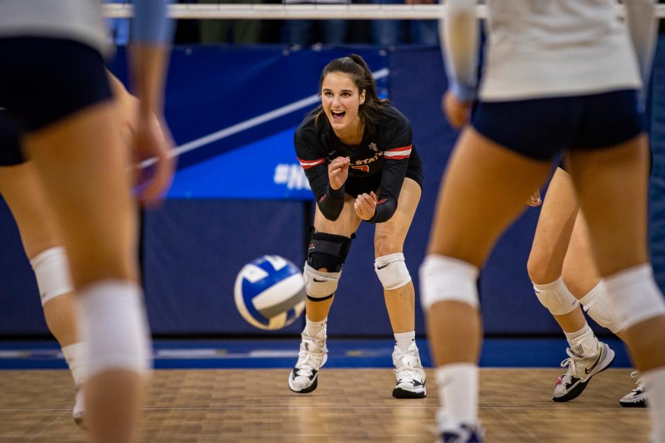 Ball State senior outside hitter Natalie Risi cheers on her teammates in a match against Marquette during the first round of the NCAA Women's Volleyball Tournament at Marquette's Al McGuire Center Thursday, Dec. 1, 2022.