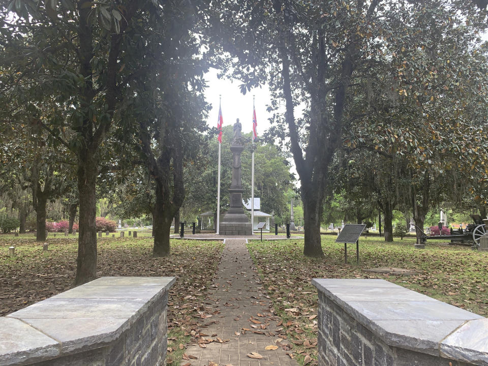 A chair carved out of limestone honoring Confederate President Jefferson Davis was stolen from Confederate Memorial Circle, a private section of Live Oak Cemetery, Tuesday, April 13, 2020, in Selma, Ala. Confederate Memorial Circle, including the brick base where the chair sat, is shown here. Police recovered the chair in New Orleans, La. (Kim Chandler/Associated Press)