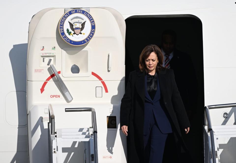 Kamala Harris, Vice President of the United States, steps off the plane before the start of the Munich Security Conference (MSC). (Photo by Angelika Warmuth/picture alliance via Getty Images)