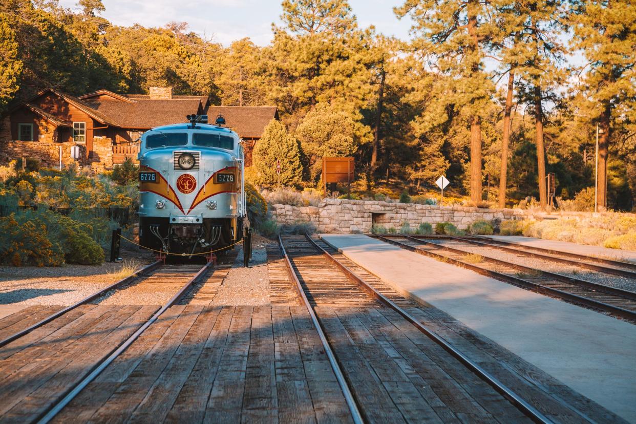 Arizona, USA - April 10, 2017: Grand canyon railway train. A stop at the Grand Canyon village.