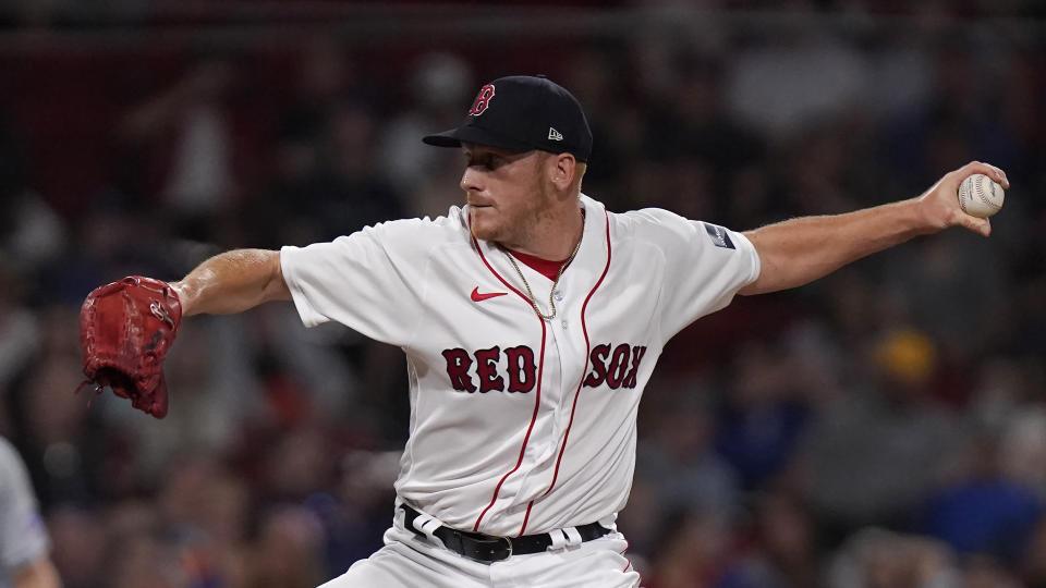 Boston Red Sox's Brandon Walter winds up for a pitch to a New York Mets batter in the ninth inning of a baseball game, Sunday, July 23, 2023, in Boston. (AP Photo/Steven Senne)