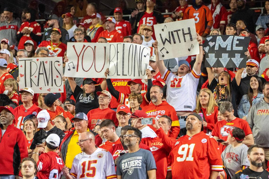 Kansas City Chiefs fans told up signs for tight end Travis Kelce referencing a Taylor Swift song during the fourth quarter of an NFL football game against the Denver Broncos at GEHA Field at Arrowhead Stadium on Thursday, Oct. 12, 2023, in Kansas City.