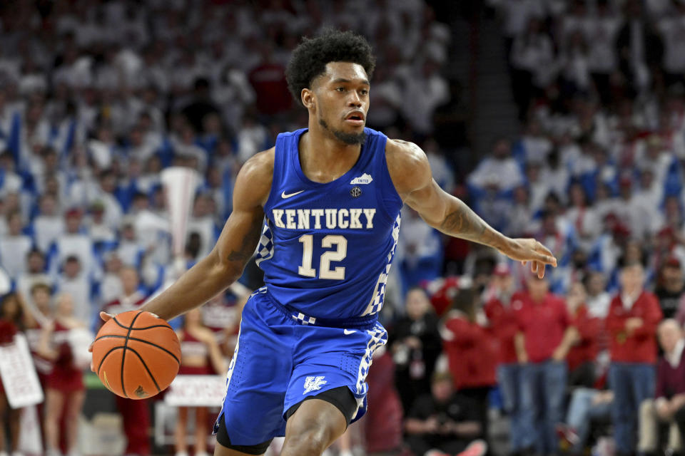 FILE - Then-Kentucky forward Keion Brooks Jr. (12) runs a play against Arkansas during the second half of an NCAA college basketball game Saturday, Feb. 26, 2022, in Fayetteville, Ark. Keion Brooks averaged in double figures scoring the past two seasons at Kentucky before transferring to Washington in the offseason. He’s expected to step into a big scoring role for the Huskies. (AP Photo/Michael Woods, File)