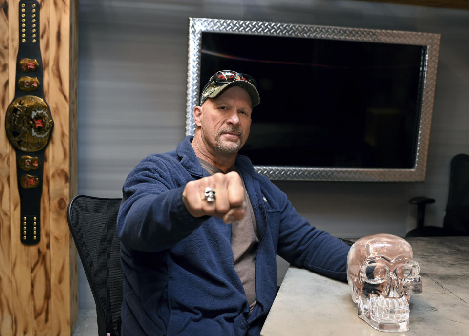 Six-time WWE champion, "Stone Cold" Steve Austin, poses for a portrait to promote his new reality series "Stone Cold Takes On America" on Wednesday, April 26, 2023, in Gardenerville, Nev. (Andy Barron/Invision/AP)