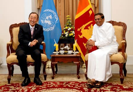 Secretary-General of the United Nations Ban Ki-moon (L) shares a moment with Sri Lanka's President Maithripala Sirisena at their meeting during Ban's three-day official visit, in Colombo, Sri Lanka, September 1, 2016. REUTERS/Dinuka Liyanawatte