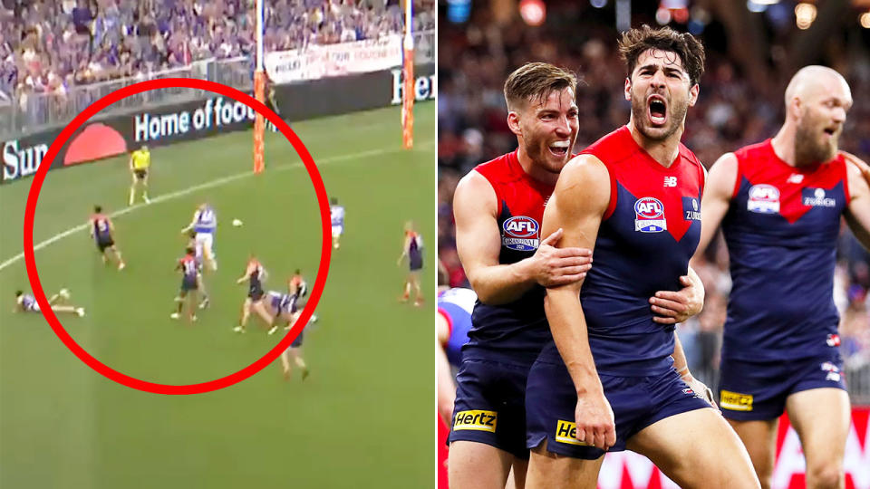 Seen here, Christian Petracca celebrates a goal for Melbourne in the 2021 AFL grand final.