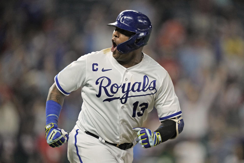 Kansas City Royals' Salvador Perez celebrates after hitting a solo home run during the ninth inning of a baseball game against the Cincinnati Reds Monday, June 12, 2023, in Kansas City, Mo. (AP Photo/Charlie Riedel)