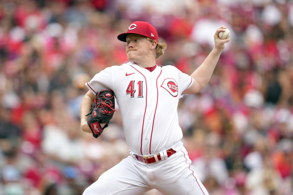 Cincinnati Reds starting pitcher Andrew Abbott throws against the San Diego Padres during the first inning of a baseball game Sunday, July 2, 2023, in Cincinnati. (AP Photo/Jeff Dean)
