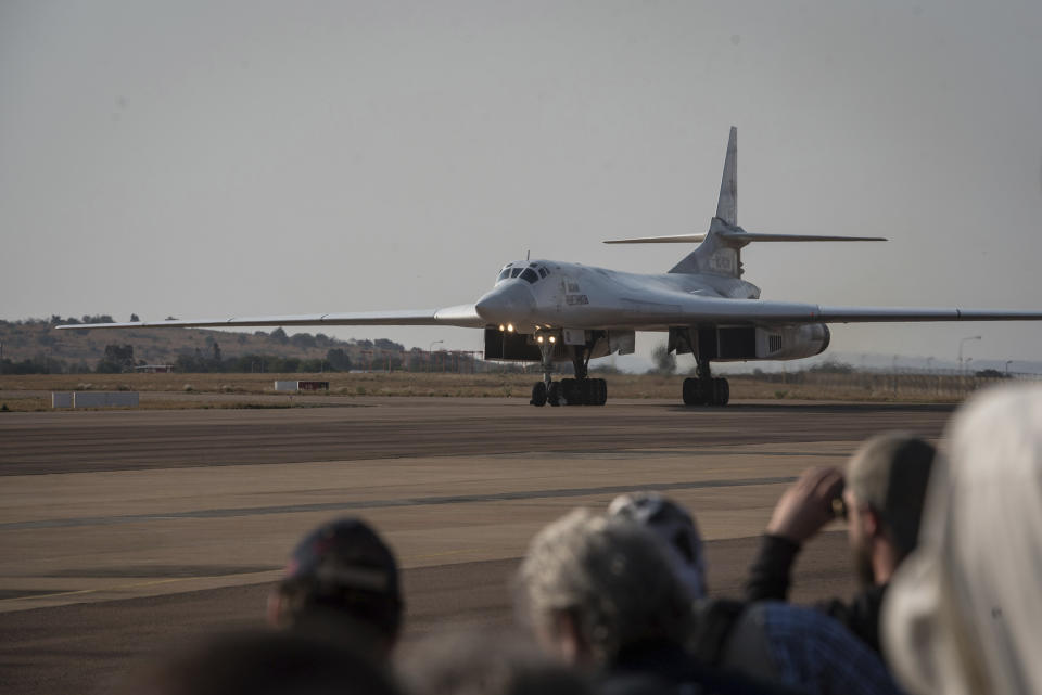 One of two Tu-160 Russian Airforce bombers land at the Waterkloof Airforce Base in Pretoria, South Africa Wednesday, Oct. 23, 2019. Two Russian nuclear-capable strategic bombers have landed in South Africa in the first-ever visit to the continent, while Russian President Vladimir Putin is hosting 43 leaders of Africa's 54 countries in the first-ever Russia-Africa summit, reflecting Moscow's new push to expand its clout on the continent. (AP Photo)