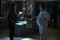 <p>While the show hid Fumero's first pregnancy in 2016 — except for one episode in season four where her character, Amy, pretended to be pregnant during a sting operation — when she got pregnant during season seven, the writers wrote her pregnancy into the storyline so that they wouldn't have to hide it. </p> <p>Fumero <a href="https://people.com/parents/melissa-fumero-filming-while-pregnant-son-enzo/" rel="nofollow noopener" target="_blank" data-ylk="slk:told PEOPLE in 2016;elm:context_link;itc:0;sec:content-canvas" class="link ">told PEOPLE in 2016</a> that filming while pregnant is not easy. "[Enzo] was born, like, five days after we wrapped. I don’t recommend it."</p>