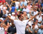 Aug 30, 2018; New York, NY, USA; Roger Federer of Switzerland reacts after beating Benoit Paire of France in a second round match on day four of the 2018 U.S. Open tennis tournament at USTA Billie Jean King National Tennis Center. Mandatory Credit: Robert Deutsch-USA TODAY Sports