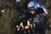United States' Mikaela Shiffrin concentrates prior to an alpine ski, women's World Championships super G, in Meribel, France, Wednesday, Feb. 8, 2023. (AP Photo/Gabriele Facciotti)