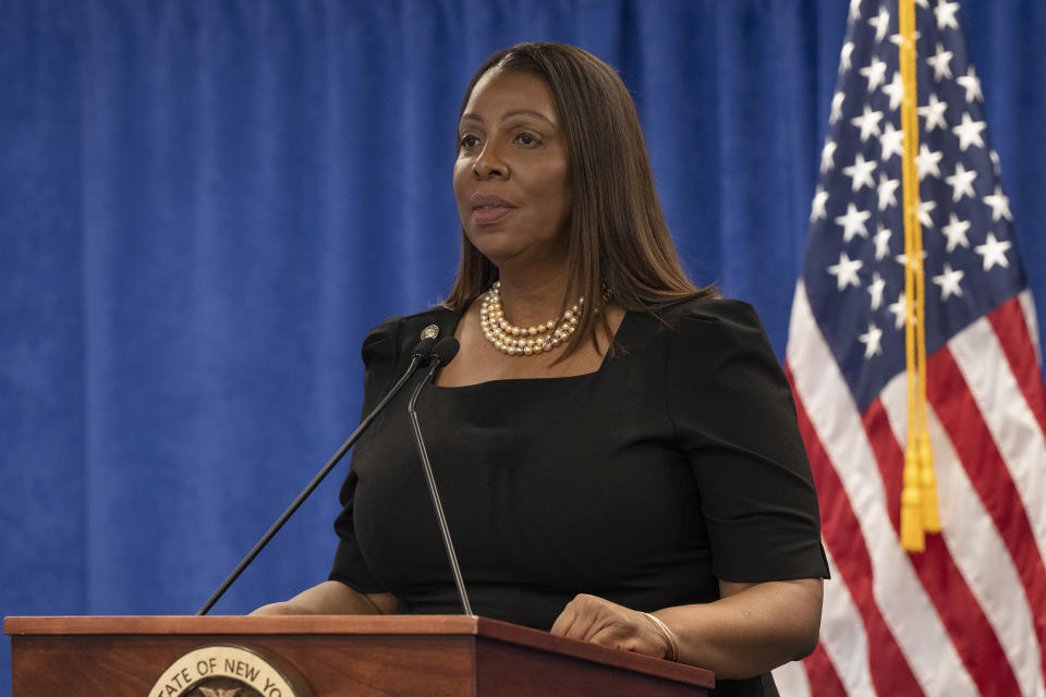 NEW YORK, UNITED STATES - 2024/02/16: New York State Attorney General (NYS AG) Letitia James delivers remarks on landmark victory in civil fraud trial against Donald Trump and the Trump Organization at 28 Liberty Street. Justice Arthur F. Engoron of New York State Supreme Court ruled in NYS AG favor in civil fraud case against Donald Trump and Trump Organization and ordered defendants to pay more than $450 million in total. (Photo by Lev Radin/Pacific Press/LightRocket via Getty Images)