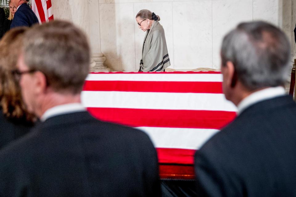 Associate Justice Ruth Bader Ginsburg was the last justice to leave a private ceremony in the Great Hall of the Supreme Court Monday where the late Supreme Court Justice John Paul Stevens lay in repose.