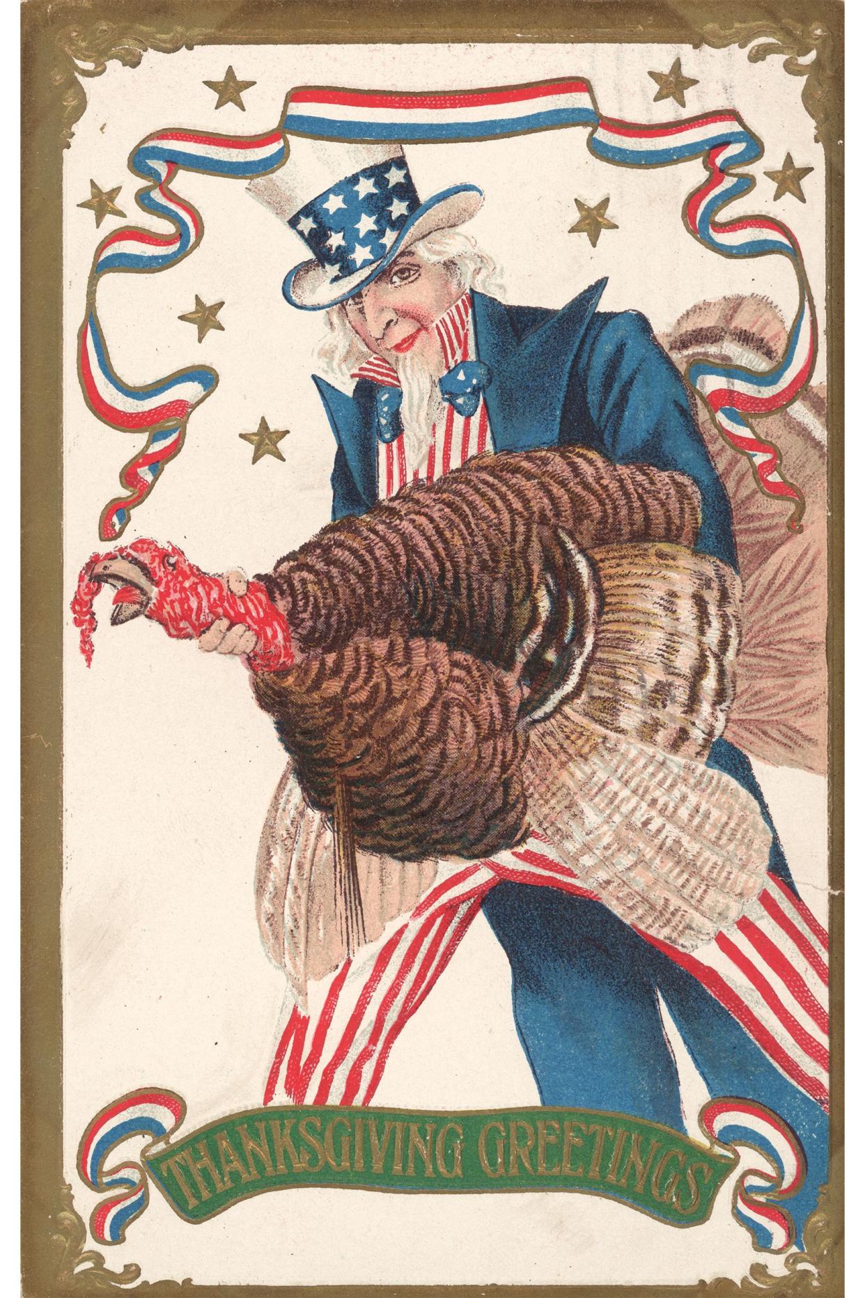 Uncle Sam holds a large live turkey in a postcard entitled 'Thanksgiving Greetings'.