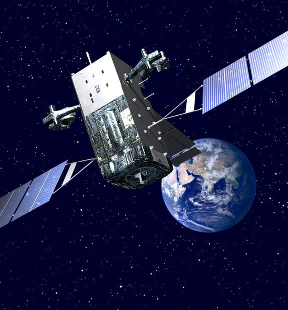 An artist's illustration of a Lockheed Martin-built Space Based Infrared System Geosynchronous (SBIRS) missile warning satellite for the U.S. military in orbit.