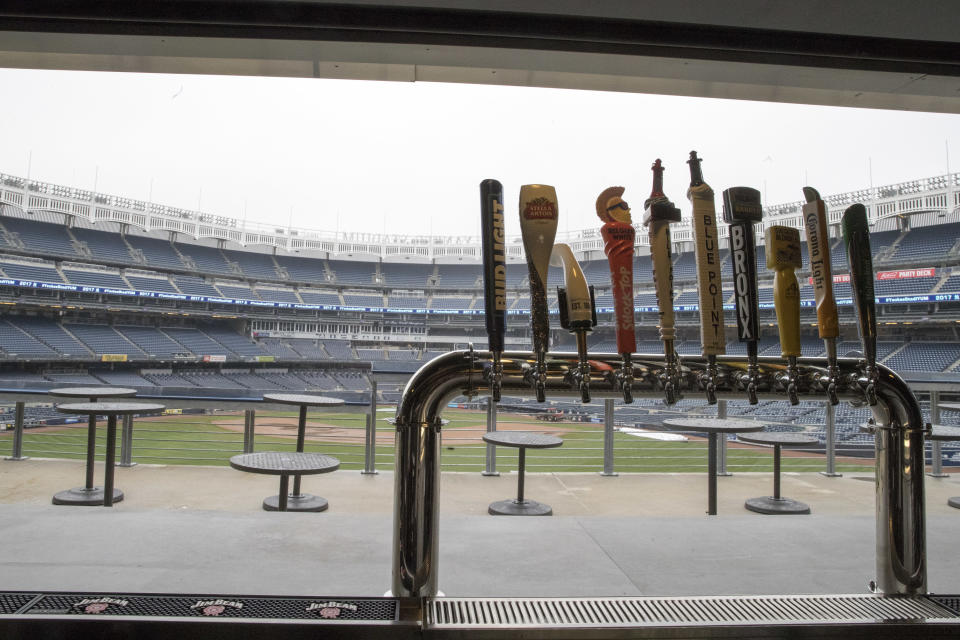 The beer tap at the bar of the Masterpass Batter's Eye Deck in center field is seen during a media tour of Yankee stadium, Tuesday, April 4, 2017, in New York. The New York Yankees home-opener at the ballpark is scheduled for Monday, April 10, 2017, against the Tampa Bay Rays. (AP Photo/Mary Altaffer)
