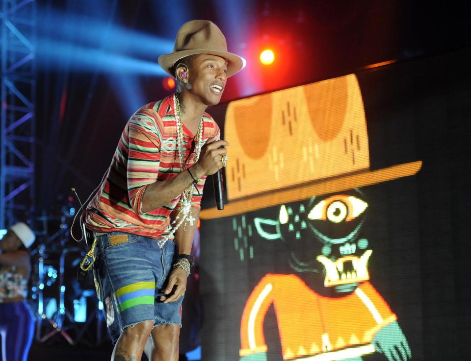 FILE- In this Saturday, April 12, 2014 file photo, Pharrell Williams performs at the 2014 Coachella Music and Arts Festival in Indio, Calif. Rolling Stone executive editor Nathan Brackett said Coachella has become a destination for fans and brands because organizers consistently deliver compelling lineups of diverse and unconventional musical acts. More than 160 artists are playing over the festival’s two weekends. (Photo by Chris Pizzello/Invision/AP, file)