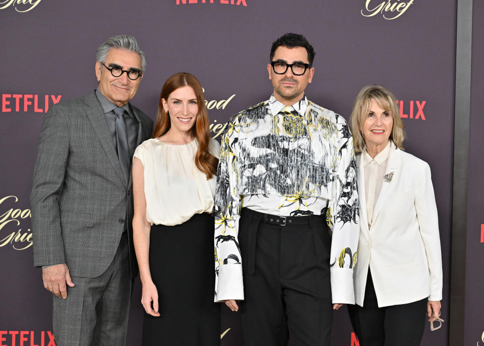 Eugene Levy, Sarah Levy, Dan Levy and Deborah Divine attend the Los Angeles Premiere of Netflix's 'Good Grief.'