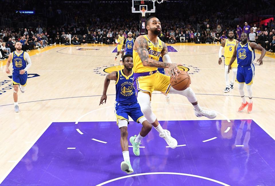 Lakers guard D'Angelo Russell drives to the basket against the Warriors in Game 6.