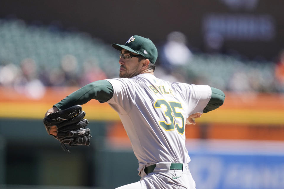 Oakland Athletics pitcher Joe Boyle throws during the fourth inning of a baseball game against the Detroit Tigers, Sunday, April 7, 2024, in Detroit. (AP Photo/Carlos Osorio)