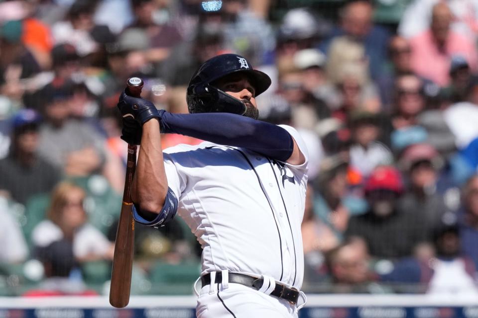 Detroit Tigers' Riley Greene hits a RBI single to right during the fifth inning of a baseball game against the New York Yankees at Comerica Park in Detroit on Thursday, Aug. 31, 2023.